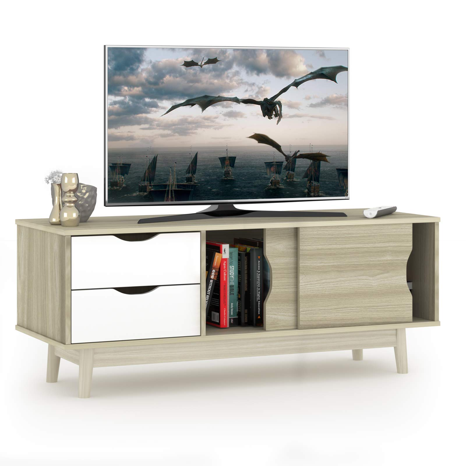 Tangkula Wood TV Stand for TVs up to 65 Inch Flat Screen, Modern  Entertainment Center with 8 Open Shelves, Universal TV Storage Cabinet for  Living