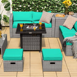 Tangkula 9 PCS Patio Furniture Set with 42” 60,000 BTU Fire Pit, Outdoor Space-Saving Sectional Sofa Set with Storage Box