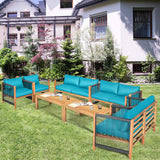 Outdoor Wood Furniture Set, Acacia Wood Frame Loveseat Sofa, 2 Single Chairs and Coffee Table