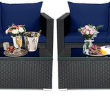 Patio Rattan Conversation Furniture Set, Outdoor Wicker Sofa Set with Padded Cushion & Tempered Glass Coffee Table