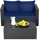 Patio Rattan Conversation Furniture Set, Outdoor Wicker Sofa Set with Padded Cushion & Tempered Glass Coffee Table