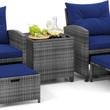 Tangkula 5 Piece Patio Rattan Furniture, Wicker Cushioned Chairs Set w/ 2 Ottomans & Tempered Glass Coffee Table