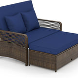 Tangkula Patio Adjustable Wicker Daybed, Rattan Loveseat & Storage Ottoman w/ 4-Level Backrest & Soft Cushions