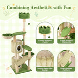 Tangkula 63 Inch Tall Cat Tree, Cute Green Cat Tower with 2 Condos, Plush Top Perch, 2 Basket Beds