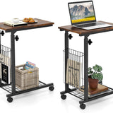 Tangkula Rolling Height Adjustable C Table, Mobile End Table with Detachable Wheels, Side Basket and Bottom Mesh Storage