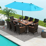 Tangkula 10 Piece Patio Rattan Dining Set with 15Ft Double-Sided Umbrella, Outdoor Acacia Wood Table and Wicker Chairs Set