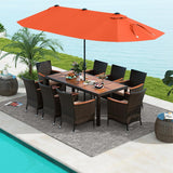 Tangkula 10 Piece Patio Rattan Dining Set with 15Ft Double-Sided Umbrella, Outdoor Acacia Wood Table and Wicker Chairs Set