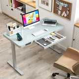 Tangkula Glass Standing Desk with Drawer, 48” x 24” Height Adjustable Electric Stand Up Desk with Tempered Glass Top