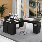 Tangkula L-Shaped Desk, 66" x 66" Corner Computer Desk with Drawers and Storage Cabinet