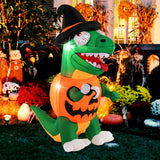 Tangkula 6 FT Halloween Inflatables Pumpkin Dinosaur with Witch Hat, Hook Hand & Built-in LED Lights