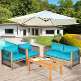 Outdoor Wood Furniture Set, Acacia Wood Frame Loveseat Sofa, 2 Single Chairs and Coffee Table