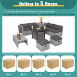 Tangkula 9 PCS Patio Furniture Set with 42” 60,000 BTU Fire Pit, Outdoor Space-Saving Sectional Sofa Set with Storage Box