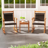 Tangkula 3 Pieces Patio Rocking Chair Set, Patiojoy Acacia Wood Rocker with Side Table, Outdoor Rocking Chairs with Wicker Rattan Seat & Backrest