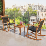 Tangkula 3 Pieces Patio Rocking Chair Set, Patiojoy Acacia Wood Rocker with Side Table, Outdoor Rocking Chairs with Wicker Rattan Seat & Backrest