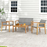 Tangkula 4 Pieces Outdoor Furniture Set, Acacia Wood Frame Sofa Set w/Rattan Seat & Back