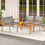 Tangkula 4 Pieces Outdoor Furniture Set, Acacia Wood Frame Sofa Set w/Rattan Seat & Back