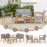 Tangkula 4 Pieces Outdoor Furniture Set, Acacia Wood Frame Sofa Set w/Rattan Seat & Back