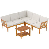 Tangkula 6 Pieces Acacia Wood Patio Furniture Set, Outdoor Sectional Conversation Set with Cushions and 2-Tier Coffee Table