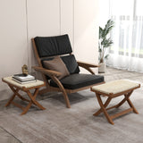 Tangkula Folding Natural Rattan Ottoman, Saddle Footrest Stool with Hand-Woven Seat & X-Shaped Teak Wood Frame