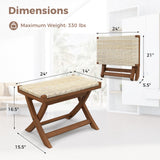 Tangkula Folding Natural Rattan Ottoman, Saddle Footrest Stool with Hand-Woven Seat & X-Shaped Teak Wood Frame