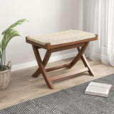 Tangkula Folding Natural Rattan Ottoman, Saddle Footrest Stool with Hand-Woven Seat & X-Shaped Teak Wood Frame