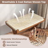 Tangkula Folding Natural Rattan Ottoman, Saddle Footrest Stool with Hand-Woven Seat & X-Shaped Teak Wood Frame