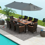 Tangkula 10 Piece Patio Rattan Dining Set with 15Ft Double-Sided Umbrella, Outdoor Acacia Wood Table and Wicker Chairs Set