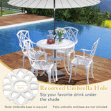 Tangkula 5 Pieces Cast Aluminum Outdoor Dining Set, Round Dining Table with 2.5” Umbrella Hole & 4 Armchairs