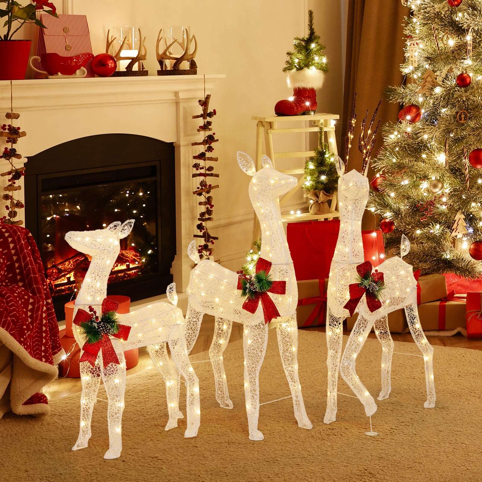 Tangkula 3 Pieces Lighted Christmas Reindeer Family, Xmas Lighted Deer Decoration with 230 Warm White LED Lights