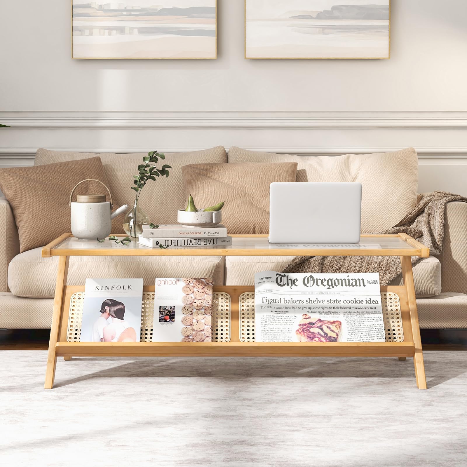 Tangkula Bamboo Coffee Table, Modern Accent Center Table w/Tempered Glass Tabletop & Rattan Open Book Shelf