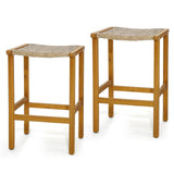 Tangkula 30 Inches high Acacia Wood Heavy Duty Bar Height Stools with PE Rattan Saddle Seat