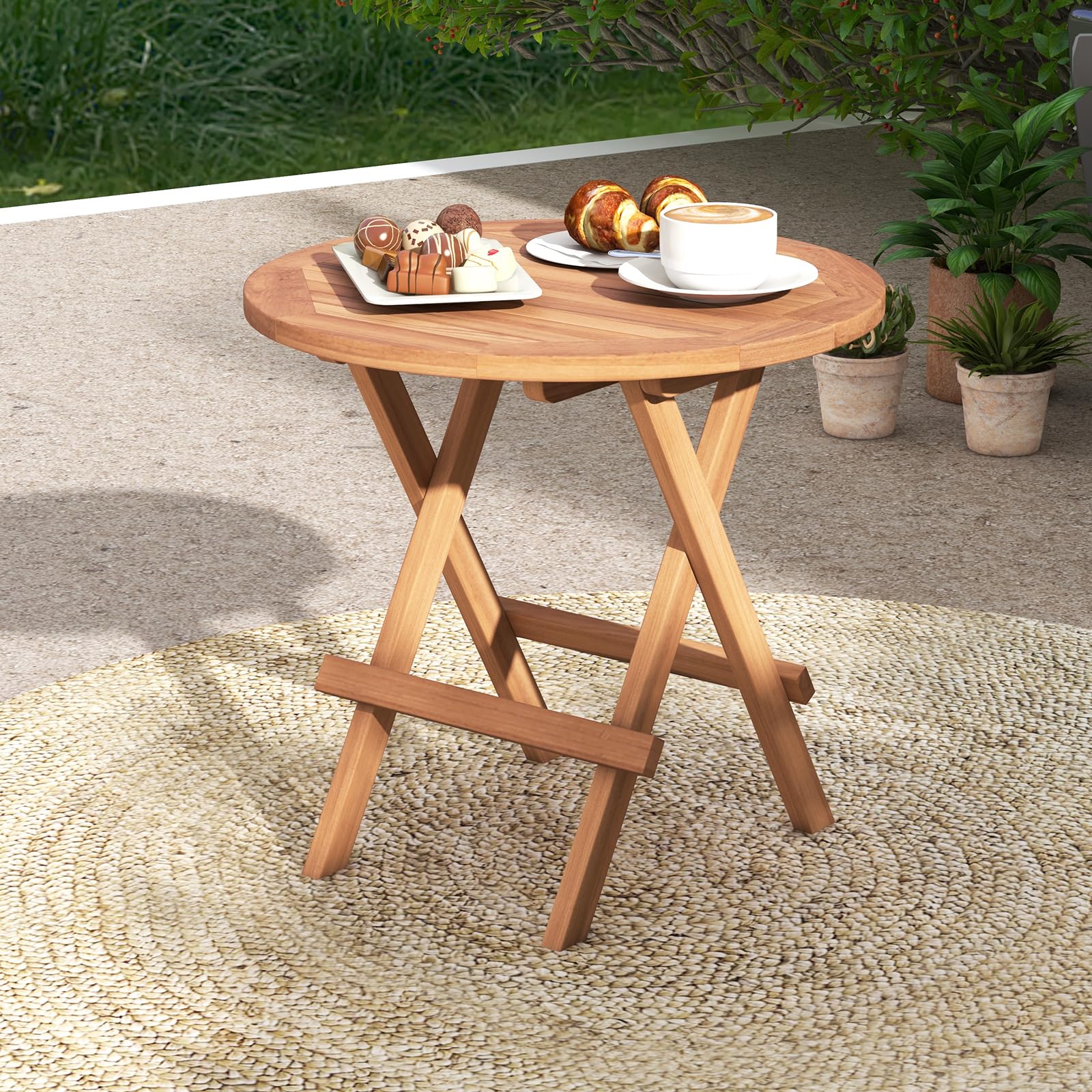 Teak Wood Round End Table with Slatted Tabletop - Tangkula