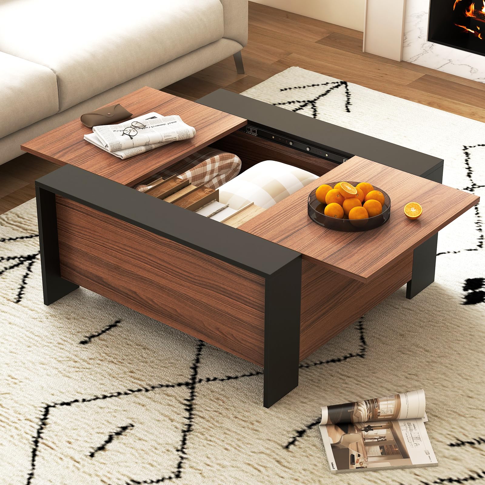 Tangkula Square Farmhouse Coffee Table with Hidden Storage