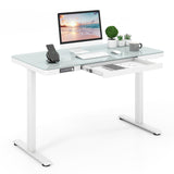 Tangkula Glass Standing Desk with Drawer, 48” x 24” Height Adjustable Electric Stand Up Desk with Tempered Glass Top