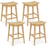 Tangkula Teak Wood Bar Stool, 29” Patio Rattan Barstool with Footrest & Saddle Seat