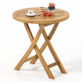 Tangkula Patio Teak Wood Dining Table, 27.5" Round Side Table with Slatted Tabletop, Sturdy X-Shaped Frame