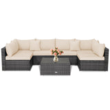 Tangkula 7 Piece Patio Wicker Furniture Set, Sofa Set for 6 with Seat, 2 Throw Pillows