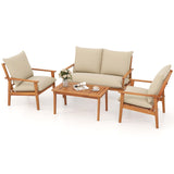 Tangkula 4 Pieces Patio Furniture Set, Outdoor Acacia Wood Conversation Set with Soft Cushions and Coffee Table