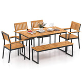 Tangkula 6 Pieces Outdoor Acacia Wood Dining Set, Patio Table and Chairs Set with Bench for 6-7 People