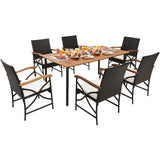 Tangkula 5 Pieces Outdoor Dining Set with Acacia Wood Table & 4 Wicker Rattan Armrest Chairs
