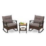 Tangkula 3 Pieces Outdoor Rocking Chairs Set, Rattan Heavy Duty Cushioned Rocker Chairs with 2-Tier Tempered Glass Coffee Table