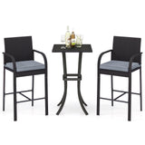 Tangkula 3-Piece Patio Wicker Bar Set, Rattan Bar Height Chairs & Square Table w/Heavy-Duty Metal Frame