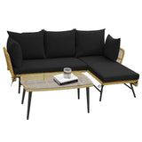 Tangkula Outdoor Wicker Furniture Set, 3-Piece L-Shaped Patio Sofa with Cushions & Tempered Glass Table