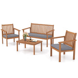 Tangkula 4 Piece Patio Wood Furniture Set, Acacia Wood Sofa Set w/Loveseat, 2 Chairs & Coffee Table