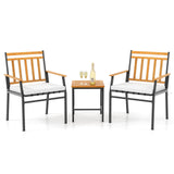 Tangkula 3 Pieces Acacia Wood Bistro Set, Patio Conversation Set with Cushions and Coffee Table