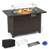 Tangkula Outdoor Propane Fire Pit Table, 42 Inch Rectangular Rattan Fire Table with Wind Guard & Glass Rocks