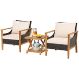 Tangkula 3 Pieces PE Wicker Patio Bistro Set, Outdoor Acacia Wood Conversation Set with Cushions and 2-Tier Coffee Table