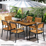 Tangkula 7 Piece Outdoor Dining Set for 6, Acacia Wood Rectangular Dining Table & 6 Armchairs w/Metal Frame