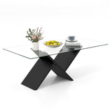 Tangkula Rectangle Glass Coffee Table, 47” Modern Center Table with Tempered Glass Tabletop & Geometric Rubber Wood Frame