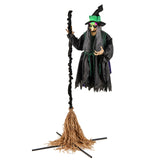 Tangkula 7 FT Halloween Standing Animated Witch on Broom, Outdoor Indoor Animatronic Halloween Prop with LED Lights